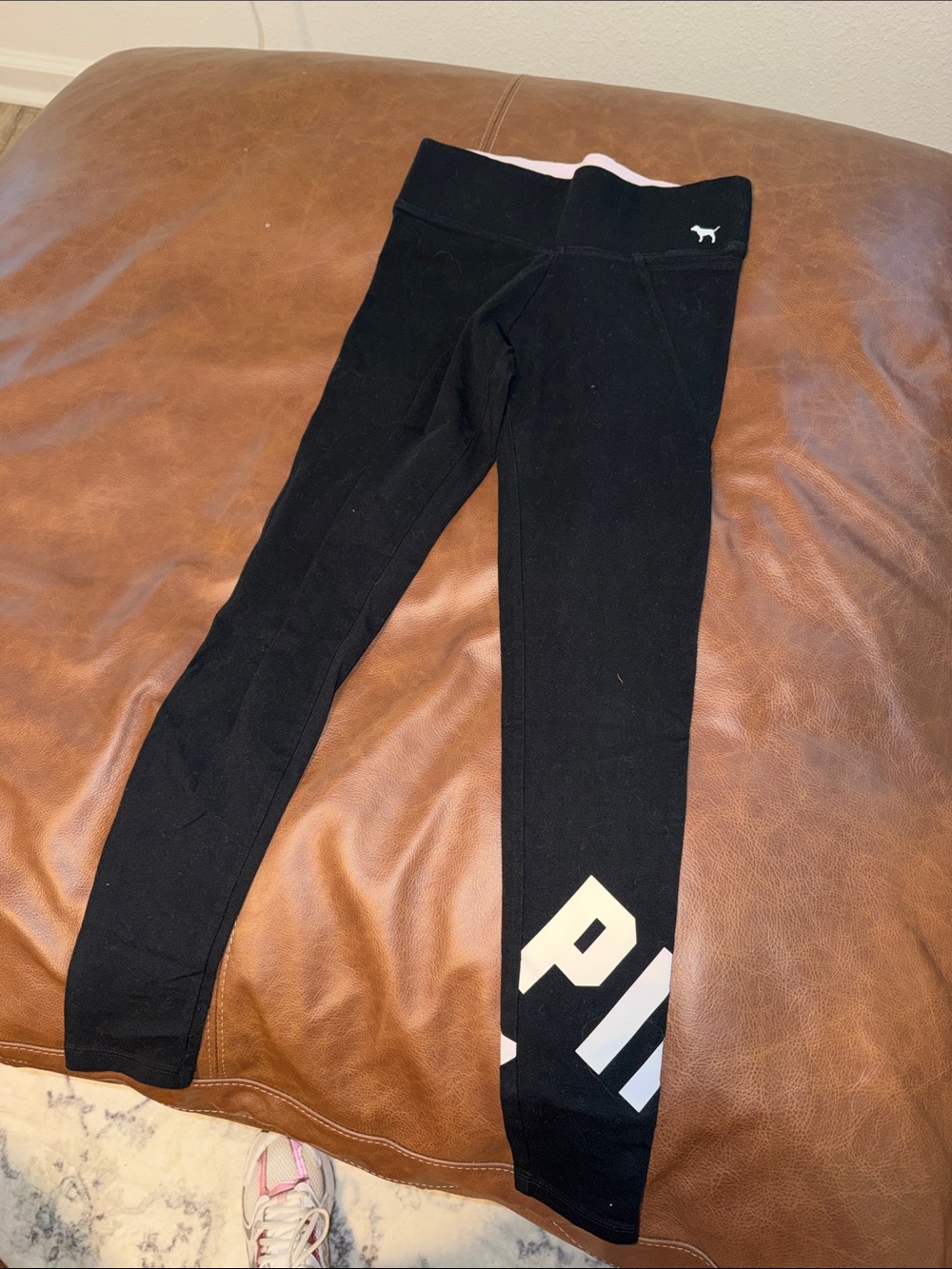 PINK Victoria's Secret Black Leggings with Pink Waistband and White Logo